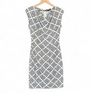 Peserico QuietLuxury Italian White Blue Drape Cowl Neck Sheath Dress 40 S Merola